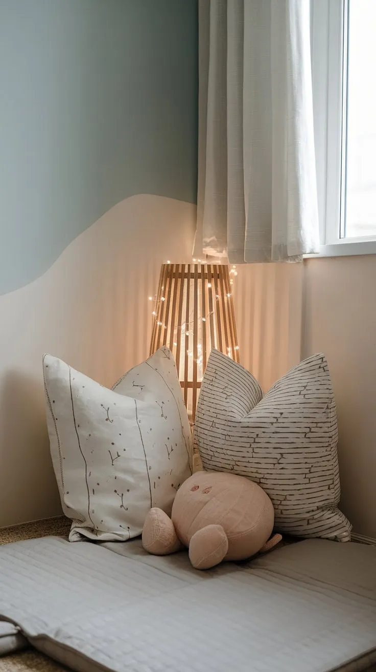 A dreamy nursery room nook, perfect for quiet reading time.  The soft pillows, fairy lights twinkling around the wooden lamp, and plush toy create the ultimate cozy reading corner in this little one's playroom. This is a wonderful example of boys reading nook ideas, and a child's reading corner that's equally charming for a toddler reading nook girl.  It's a space brimming with kids snug room ideas and inspiration for a children's bedroom reading corner.