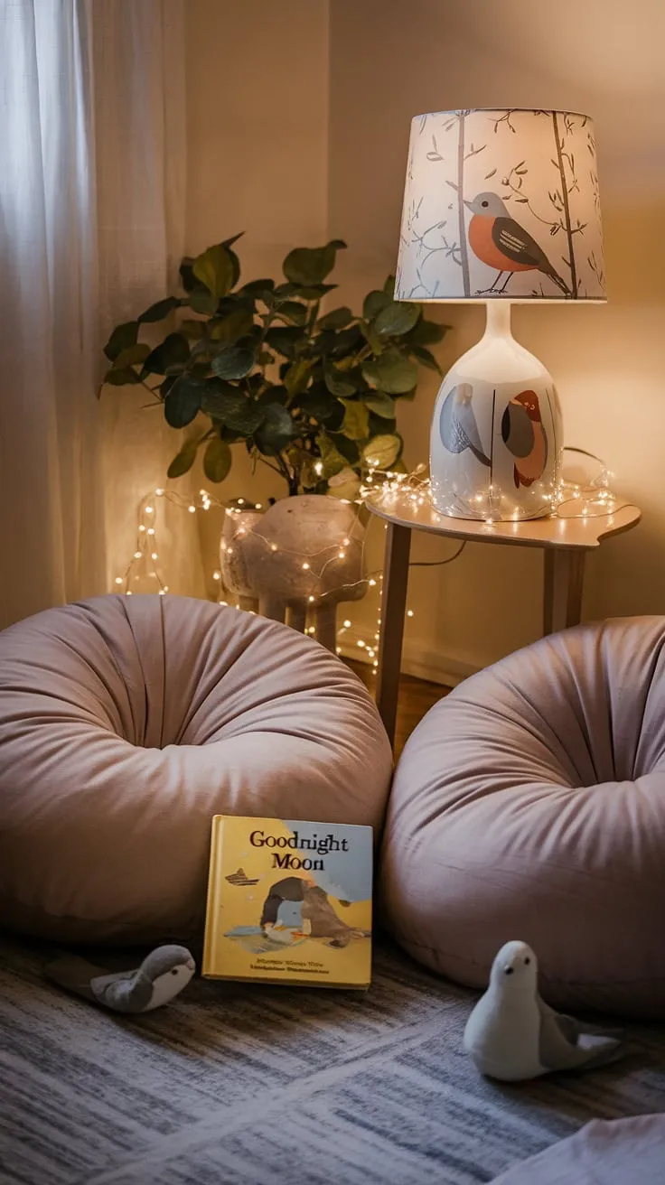 This reading nook in nursery is a dream come true!  The soft glow of the lamp, the playful bird design, and the inviting reading corner pillows create a space where imagination takes flight. Fairy lights add a touch of magic to this playroom, transforming it into a haven for story time.  A perfect example of boys reading nook ideas, this child's reading corner is equally enchanting for a toddler reading nook girl, offering a cozy escape and inspiring kids snug room ideas.