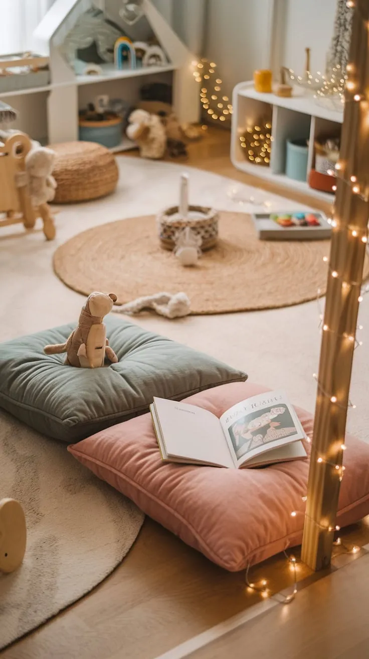 Escape to this enchanting reading nook in nursery, a haven of comfort and imagination.  The fairy lights dance above the reading corner pillows, creating a whimsical atmosphere in this bright and warm children's bedroom reading corner.  Perfect for snuggling up with a favorite book, this space offers endless possibilities for boys reading nook ideas and is a charming addition to any kids snug room ideas, especially for a toddler reading nook girl.