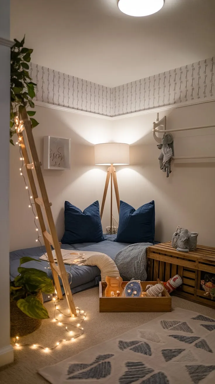 Escape to this enchanting reading nook in nursery, a delightful playroom haven designed for little ones.  Two blue pillows beckon for story time in this cozy nursery room nook, illuminated by a gentle lamp and the warm glow of fairy lights.  A wooden crate, a toy, and a plant add playful touches to this charming child's reading corner, offering inspiration for boys reading nook ideas and perfect as a toddler reading nook girl.  This is the epitome of kids snug room ideas, a children's bedroom reading corner where dreams are born.