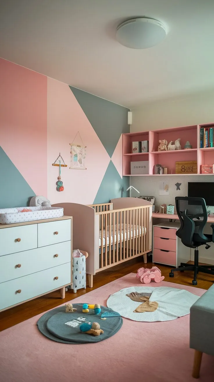 A nursery room office combo designed for the modern parent. This office and nursery shares a sophisticated pink and grey aesthetic, showcasing smart space-saving solutions in a tidy bedroom.  The integrated desk, bookshelves, crib, and baby dresser make this nursery office combo the ultimate in stylish functionality, ideal for a small space nursery or a multi-purpose nursery guest room.