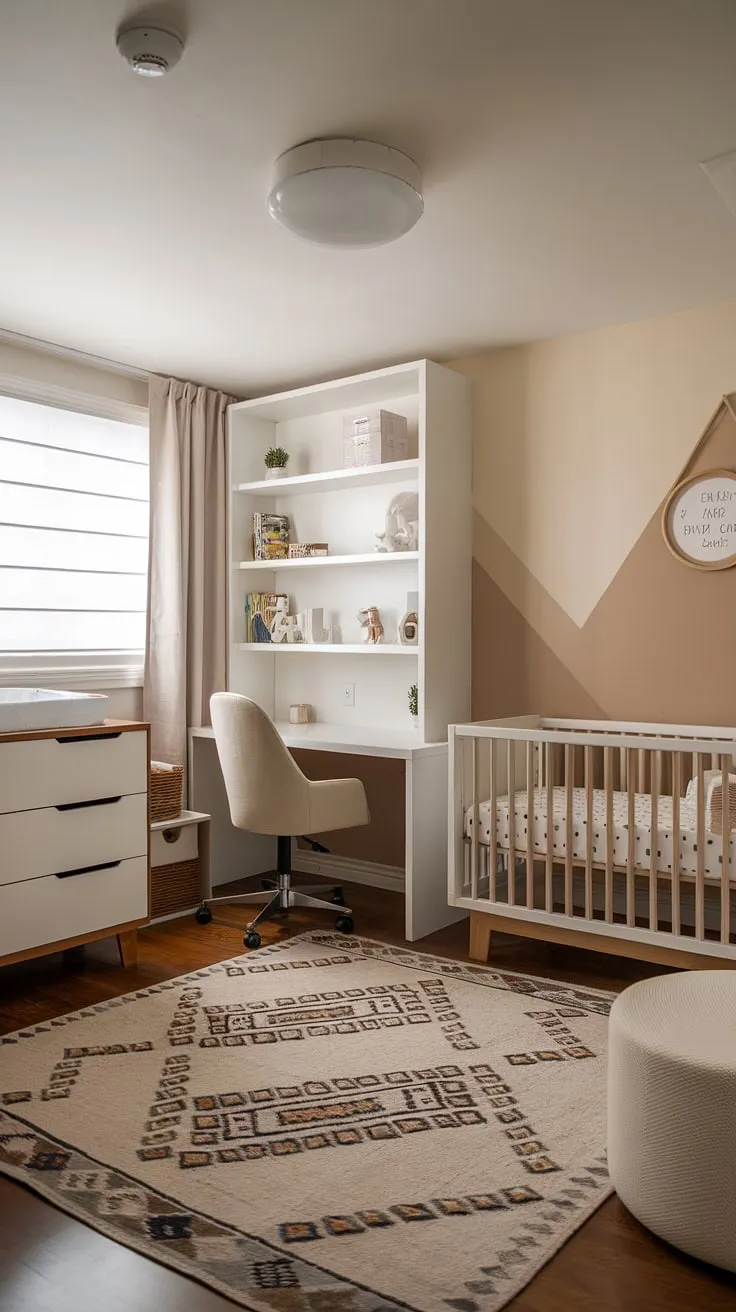 This stunning office and nursery combo redefines the small space nursery.  A neutral palette and clever design create a serene modern girl nursery, complete with a dedicated workspace, baby dresser, and a beautifully tidy bedroom. The perfect nursery office combo for the modern parent.