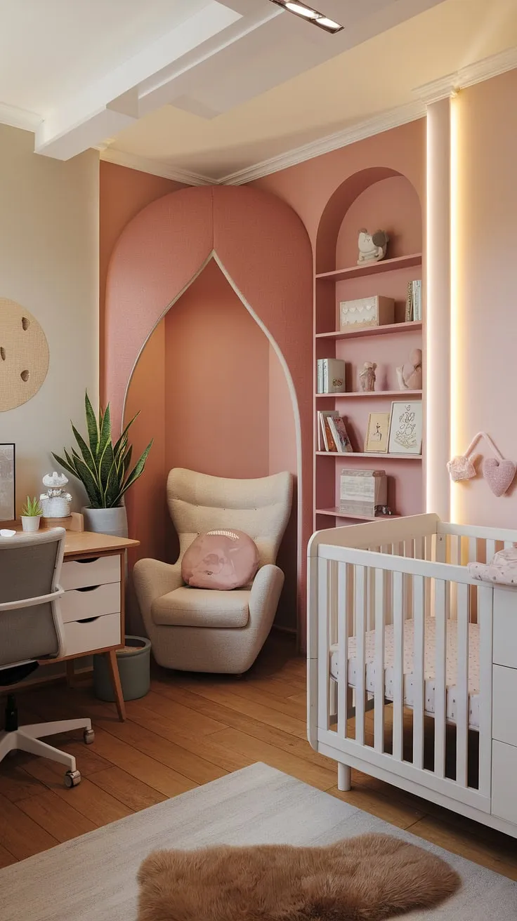Seamlessly blending work and motherhood, this nursery office combo showcases a modern girl nursery design in a tidy bedroom.  The clever use of space maximizes functionality, with a dedicated workspace alongside a cozy reading nook, baby dresser, and a calming crib area, proving that a small space nursery can be both stylish and practical.  This office and nursery is the perfect guest room solution too.