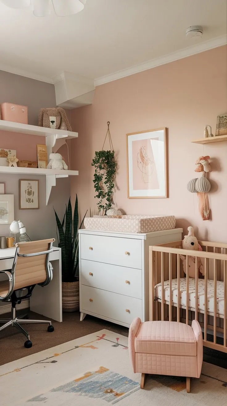 Transforming a small space into a functional and stylish office and nursery was a dream come true! This nursery office combo boasts a modern girl nursery design with a tidy bedroom, baby dresser, and cleverly designed storage. The result? A beautiful and efficient nursery guest room that's perfect for both work and play.