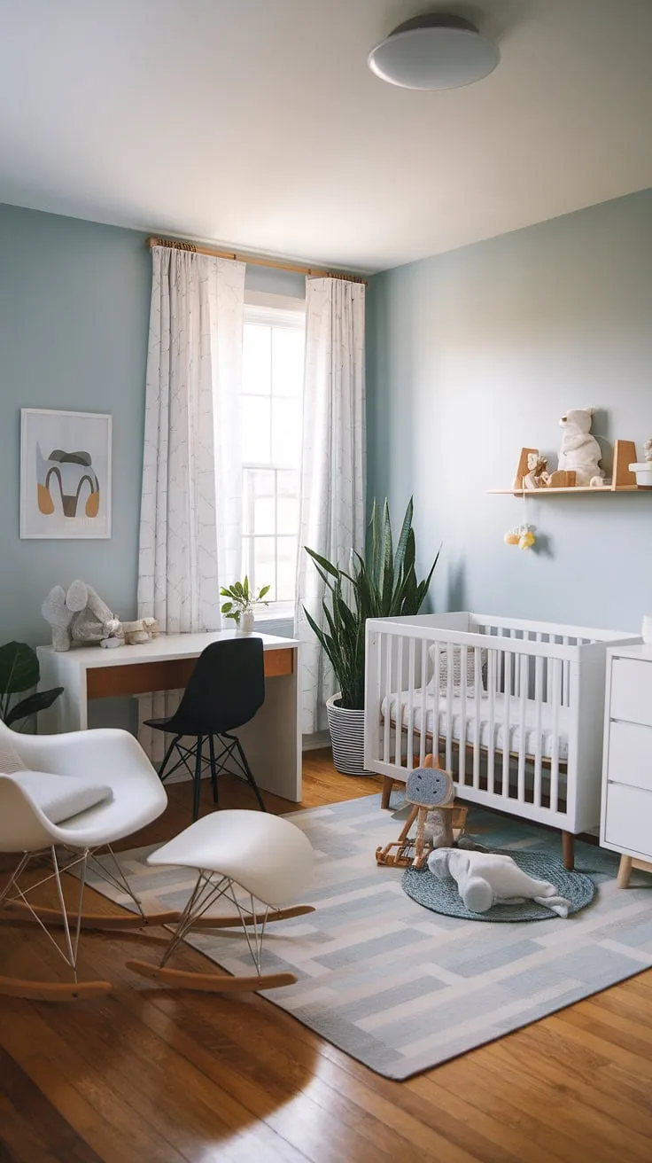 This tidy bedroom seamlessly blends the functionality of a nursery office combo, creating a modern girl nursery perfect for both baby and parent. The small space nursery design maximizes every inch, with a dedicated desk area alongside the white crib, baby dresser, and rocker, making it a truly versatile office and nursery.