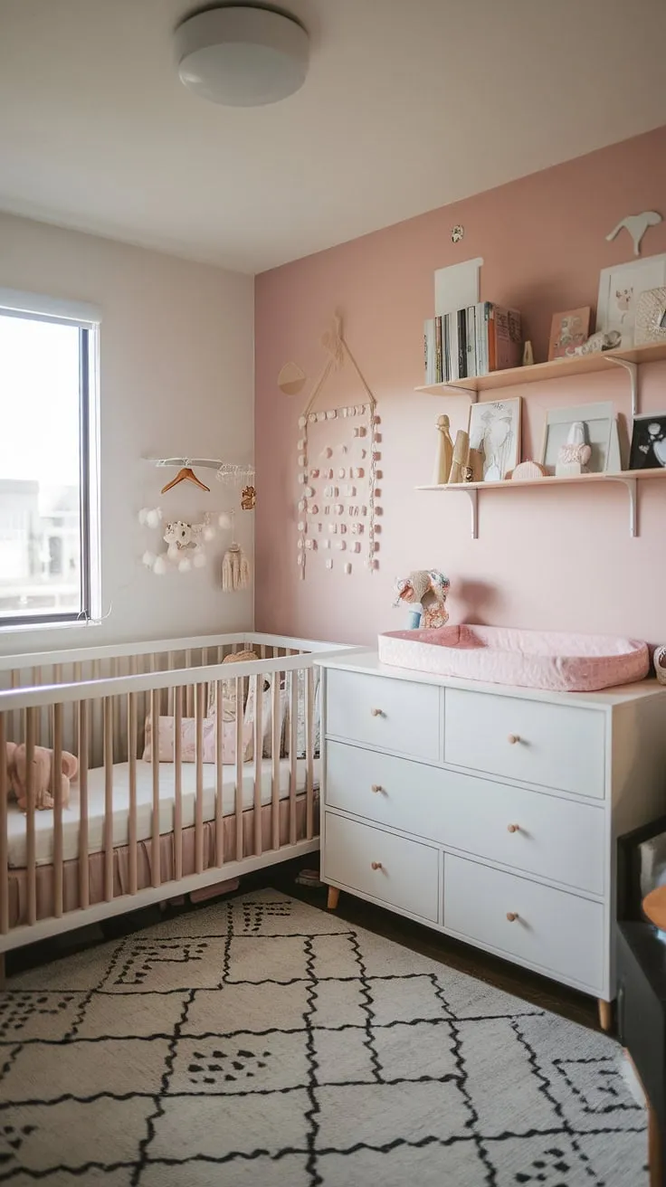 Clever design transforms this small space nursery into a multi-functional haven: a chic modern girl nursery, a dedicated office and nursery, and a comfortable guest room.  The tidy bedroom, complete with a baby dresser, showcases how a nursery guest room can be both beautiful and practical.