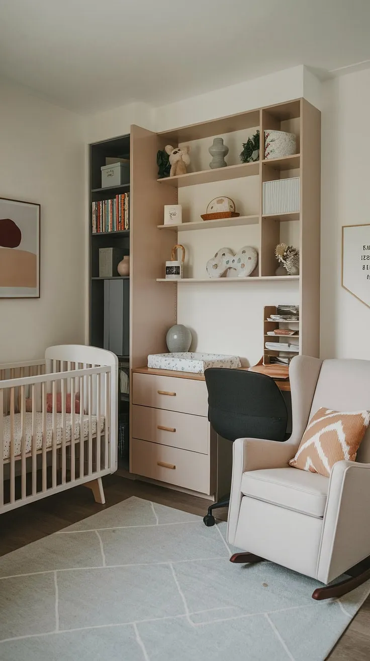 This small space nursery showcases the ultimate office and nursery combo.  A thoughtfully designed nursery design girl room, this office nursery combo effortlessly balances a chic modern aesthetic with practical functionality.  The baby dresser and organized workspace create a serene and productive environment, making it the ideal nursery room office combo.