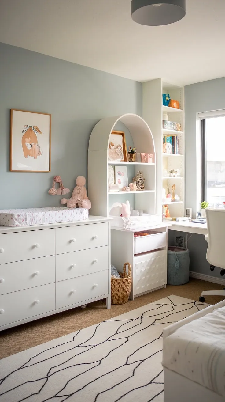 This stunning nursery room office combo seamlessly blends modern girl nursery design with practical workspace.  The tidy bedroom area, complete with a baby dresser, flows effortlessly into a dedicated office space, maximizing this small space nursery and even including a cozy nursery guest room.