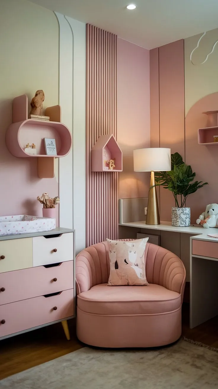 Transforming a small space into a serene office and nursery is effortless with this nursery office combo design.  The neutral color palette and thoughtful placement of a baby dresser and decorative shelving create a tidy bedroom that's both a stylish modern girl nursery and a productive workspace. This nursery design girl will love growing up in this calming and functional nursery guest room.