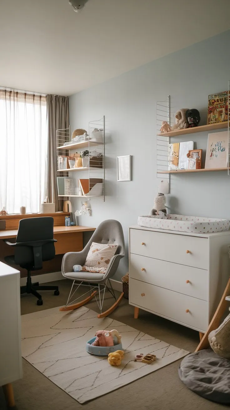 This office and nursery combo is the ultimate space-saving solution.  A light blue palette and thoughtful nursery design create a calming atmosphere in this modern girl nursery. The baby dresser, thoughtfully placed amongst the books and desk, showcases the clever blend of a nursery office combo, making this tidy bedroom a truly versatile space.