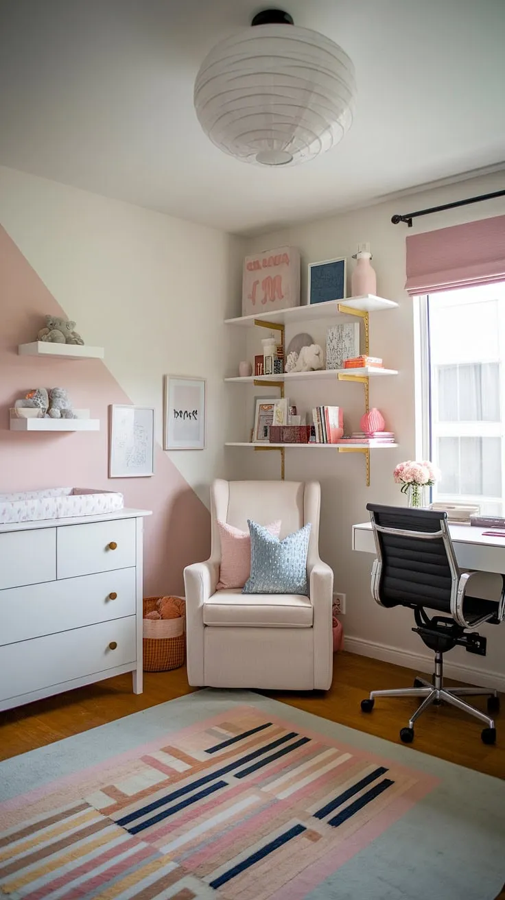 This small space nursery room office combo proves that functionality and style can coexist beautifully.  A tidy bedroom area, complete with a baby dresser, shares space with a chic office setup and a cozy rocking chair corner, creating a versatile nursery guest room perfect for modern parents.