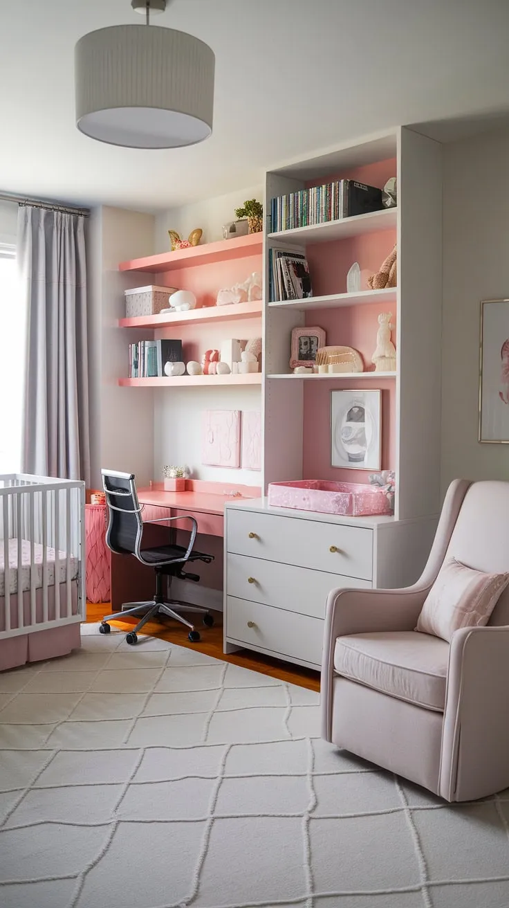 This modern girl nursery design cleverly combines office and nursery, creating a functional yet stylish small space nursery. The tidy bedroom area, complete with a baby dresser and rocking chair, flows seamlessly into a dedicated workspace with a desk, chair, and bookshelf—the perfect office nursery combo for busy parents.  A nursery guest room feel is achieved through thoughtful organization.