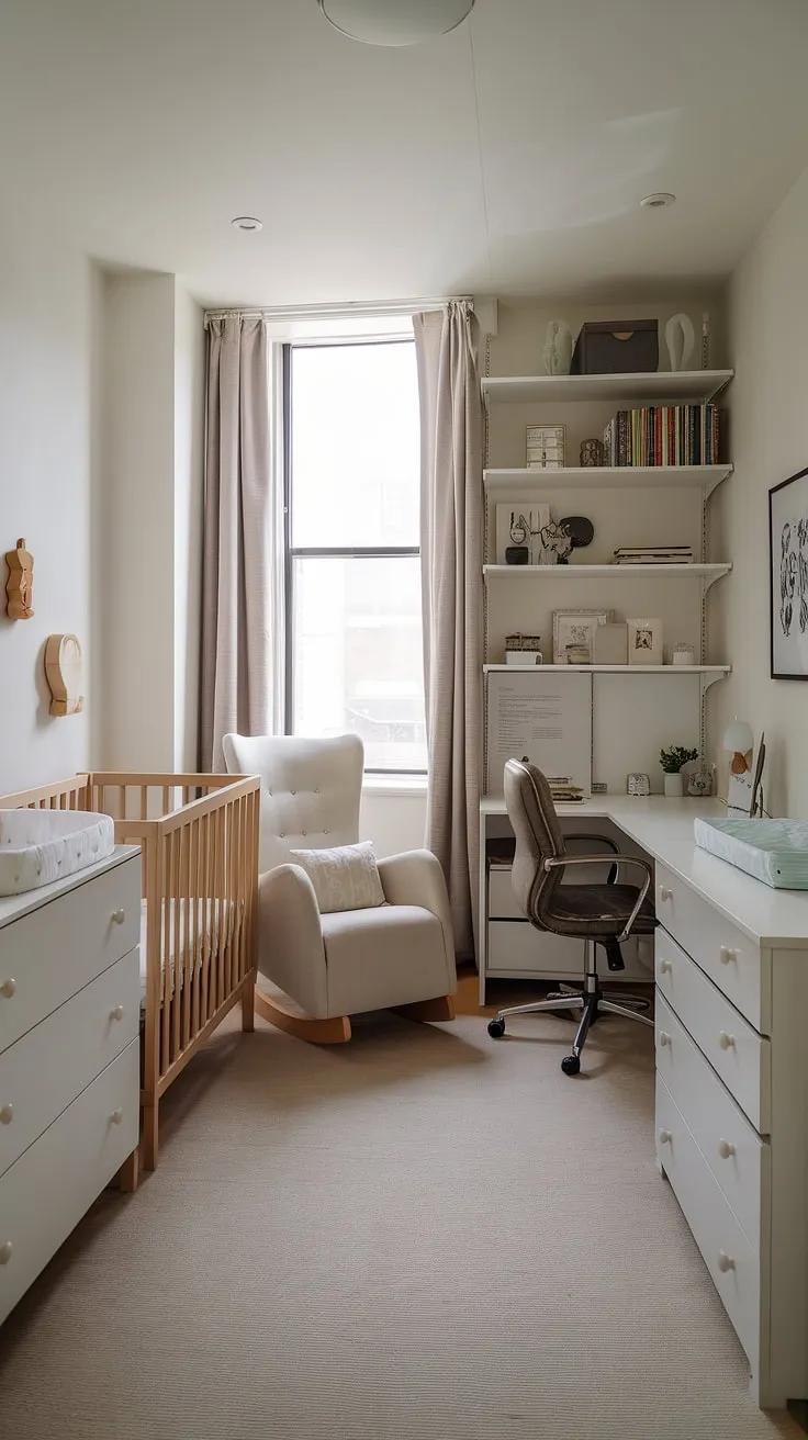 This clever office nursery combo demonstrates that a nursery guest room doesn't have to compromise on style or functionality.  The modern girl nursery design features a tidy bedroom with a crib, baby dresser, and rocker, all perfectly integrated with a dedicated office area, showcasing the best of a small space nursery solution.