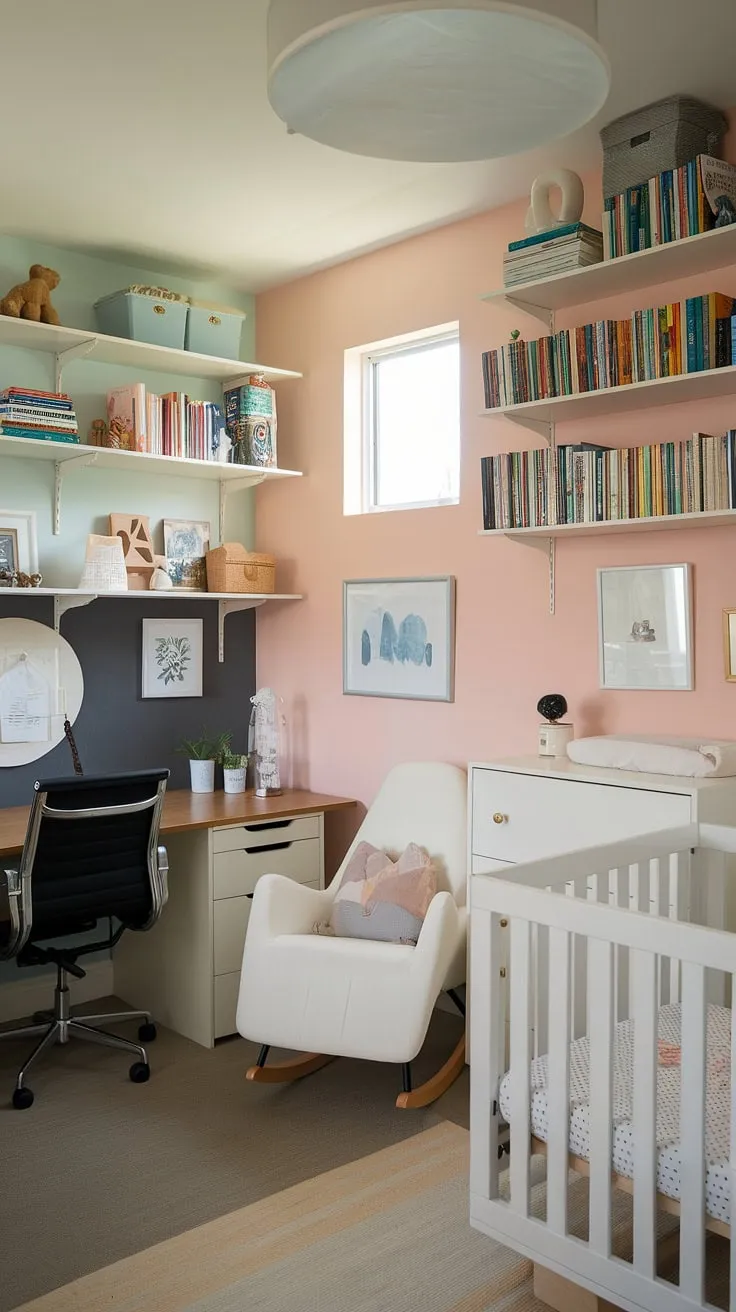 This tidy bedroom is the perfect blend of modern girl nursery and practical office space.  A small space nursery solution, this office nursery combo cleverly combines a baby dresser, rocking chair, and bookshelf with a dedicated desk area, proving that a nursery guest room can be both stylish and functional.