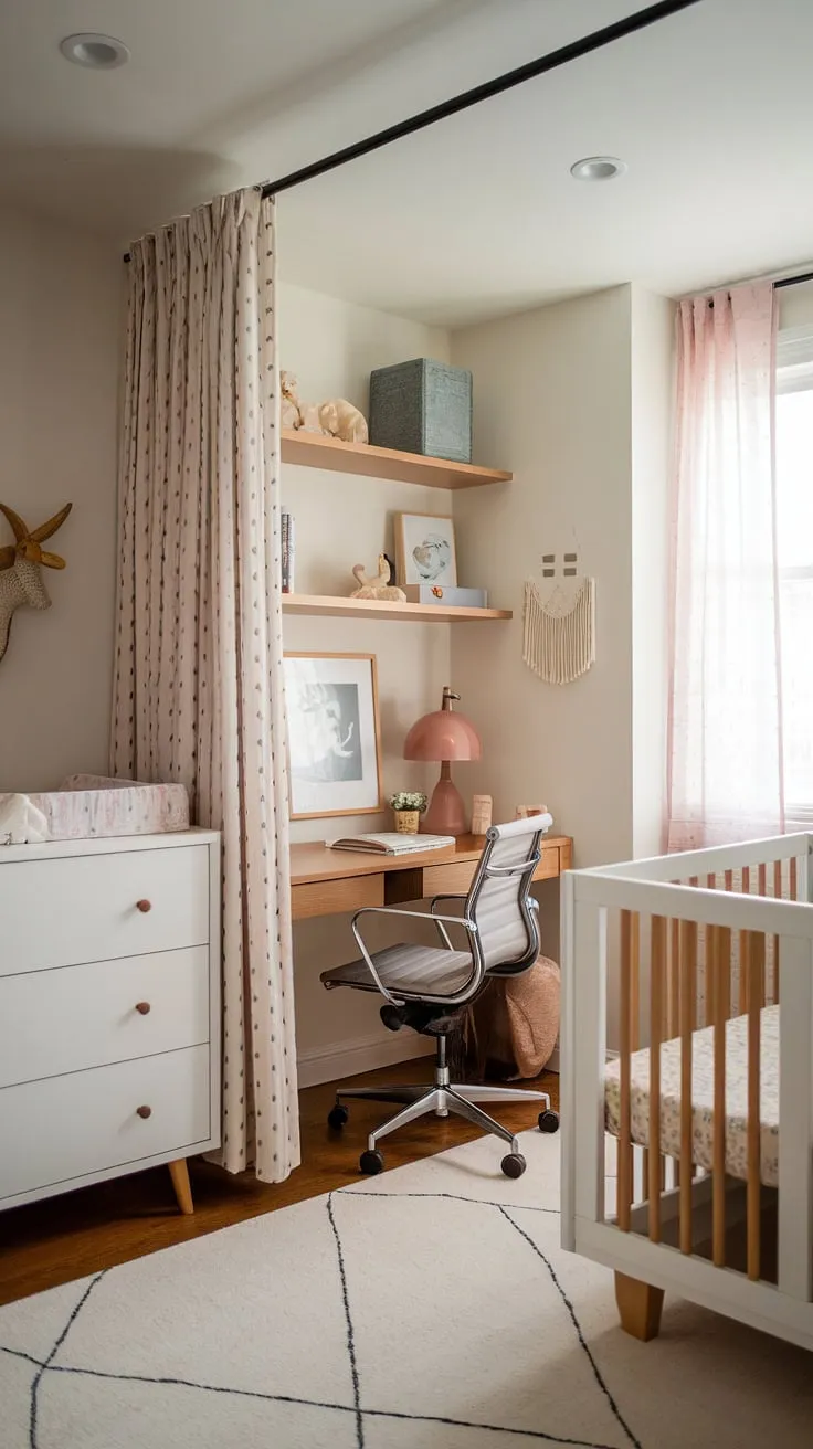 This small space nursery office combo proves that functionality and style can coexist beautifully.  A modern girl nursery design, complete with a tidy bedroom, baby dresser, and crib, flows seamlessly into a dedicated office area, cleverly separated by a curtain.  The result? A perfect blend of work and play, creating a serene nursery guest room and a productive workspace.