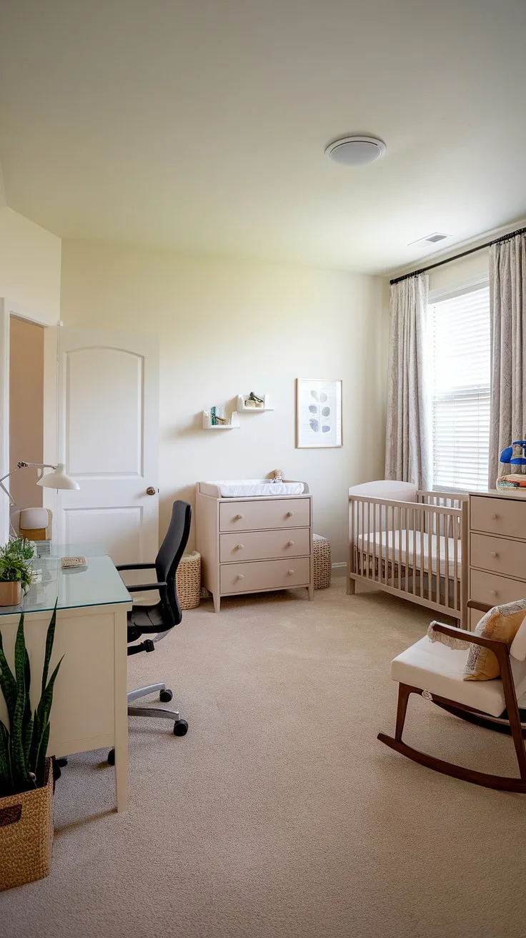 Seamlessly blending work and motherhood, this nursery room office combo is the epitome of modern girl nursery design.  The tidy bedroom boasts a dedicated workspace, complete with a desk and lamp, while the baby dresser and rocking chair create a cozy haven for baby.  A small space nursery solution that's both stylish and functional, this office and nursery is a perfect guest room too.