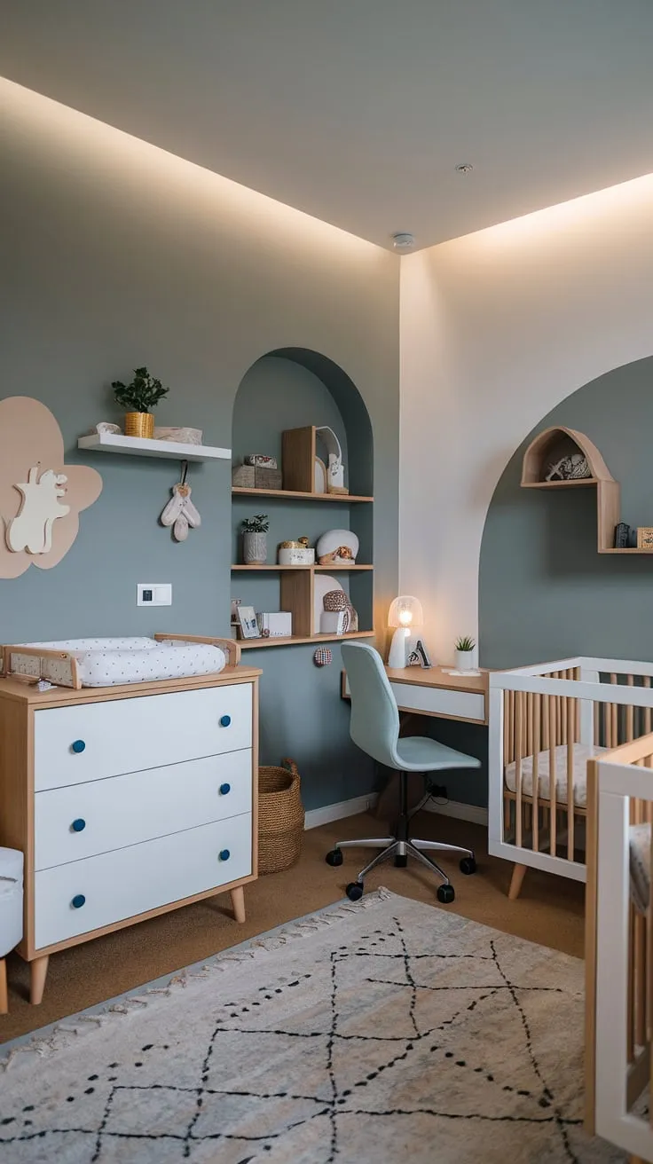 Effortlessly blending work and motherhood, this modern girl nursery showcases a clever nursery room office combo.  The tidy bedroom maximizes space with a baby dresser, changing table, and crib, seamlessly integrated with a dedicated desk area—a perfect office and nursery solution for the stylish, busy parent.  This small space nursery proves that functionality and design can coexist beautifully.