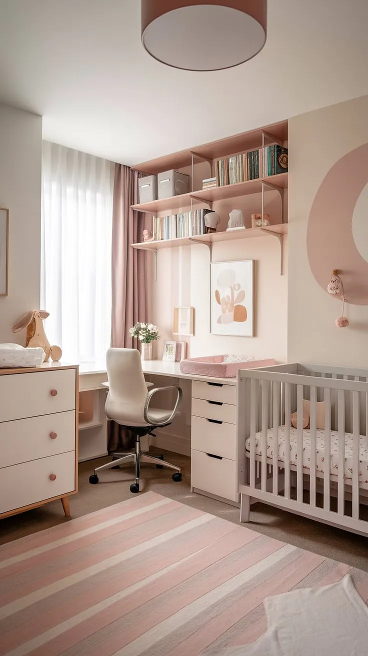 This modern girl nursery design cleverly combines a tidy bedroom, a small space nursery with a crib, changing table, and bookshelf, a guest room area, and a dedicated office space—a truly functional nursery room office combo.  The soft pink and grey palette creates a serene atmosphere perfect for both work and baby.