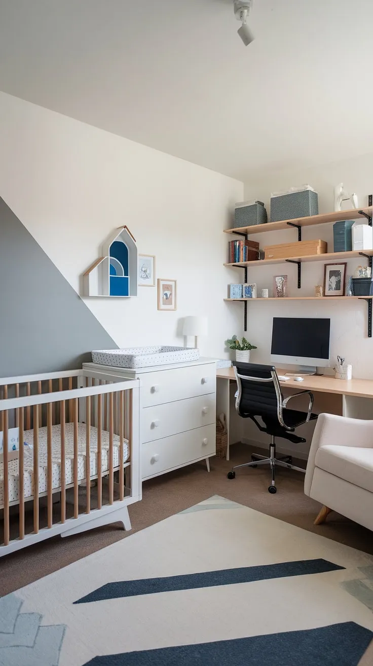 This stunning office nursery combo is the epitome of chic and efficient design.  A perfect blend of a modern girl nursery and a functional home office, this tidy bedroom showcases how a nursery office combo can maximize space.  The baby dresser and rocking chair create a cozy nursery, while the dedicated desk area provides a quiet workspace.  This small space nursery is a testament to smart nursery design girl ideas, offering a stylish and practical solution for parents needing both a nursery and an office.