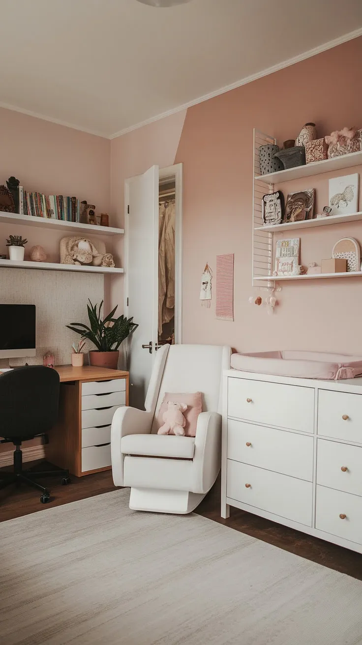 A stunning example of a nursery guest room design, this office and nursery combo effortlessly combines a modern girl nursery with a practical workspace.  The neutral color palette and tidy bedroom create a calming atmosphere, while the baby dresser and thoughtfully placed office area demonstrate the possibilities of a small space nursery. This nursery design girl will love growing up in this stylish and functional office nursery combo.