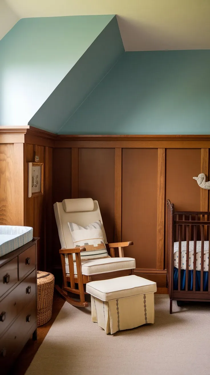 This cozy nursery is a testament to timeless style.  The oak nursery features rich wainscoting, a calming nursery paint color on the slanted wall, and a brown accent wall that adds depth.  A perfect blend of craftsman nursery design and vintage nursery appeal.