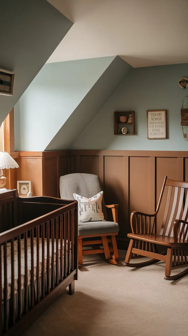 A brown nursery brimming with vintage charm! This craftsman nursery features a beautiful slanted wall, expertly incorporated with wainscoting and a soft blue nursery paint color. The oak furniture and vintage crib complete the cozy nursery aesthetic, offering a space both stylish and functional.  This is slanted wall nursery ideas at its finest.