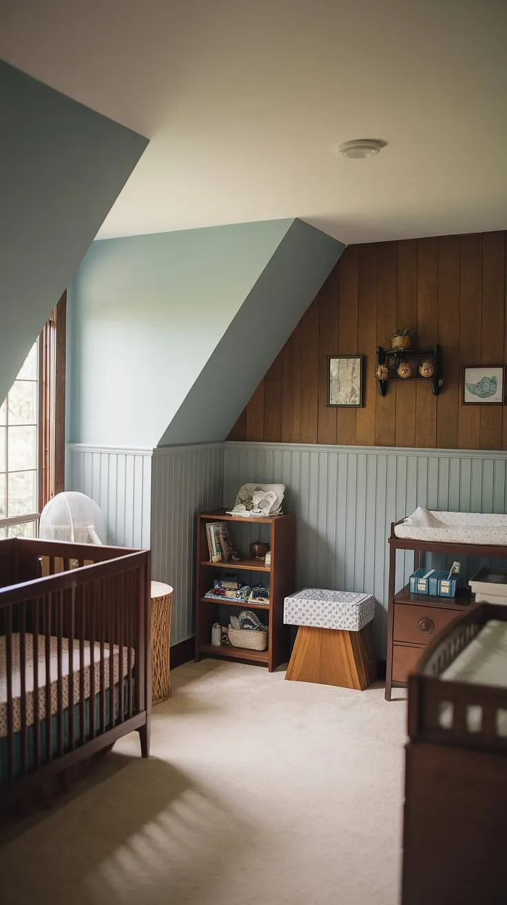 A brown nursery brimming with vintage charm. This craftsman nursery showcases the beauty of a slanted wall nursery, cleverly designed with light blue wainscoting and a striking oak accent wall.  The carefully chosen nursery paint color and wooden furniture create a cozy and inviting space, perfect for a little one's peaceful slumber.  This is the epitome of a vintage nursery, full of character and warmth.