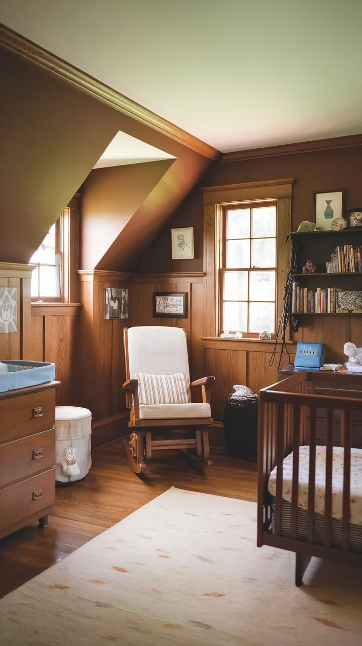 This craftsman nursery is the epitome of cozy.  The rich brown nursery paint color on the accent wall beautifully offsets the oak nursery's wainscoting and hardwood floors.  Slanted wall nursery ideas are brilliantly executed in this vintage nursery, creating a space filled with charm and warmth.