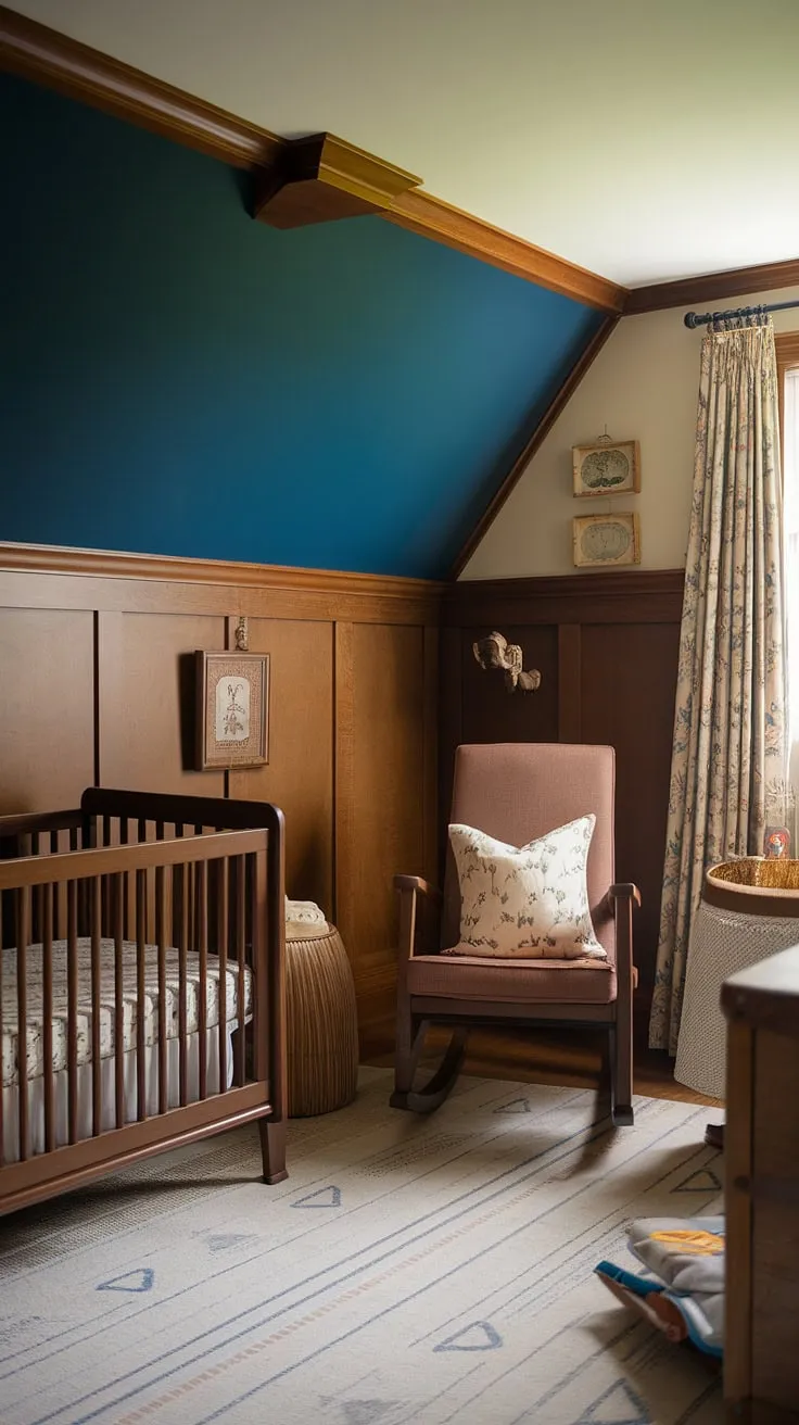 This vintage nursery, a haven of warmth and charm, showcases the beauty of craftsman-style design.  The rich brown oak wainscoting complements the deep blue accent wall perfectly, while the slanted wall adds unique character to this cozy space.  The vintage crib and rocking chair complete the idyllic setting, making it the perfect oak nursery for sweet dreams.