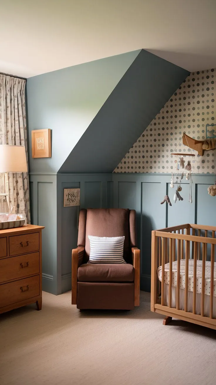 The gentle blue nursery paint color sets the tone in this oak nursery, a haven of vintage charm and modern practicality.  The craftsman style shines through in the beautiful wainscoting and furniture, complemented by the brown rocker and a playful accent wall.  This cozy nursery is a dream come true, showcasing clever slanted wall nursery ideas.