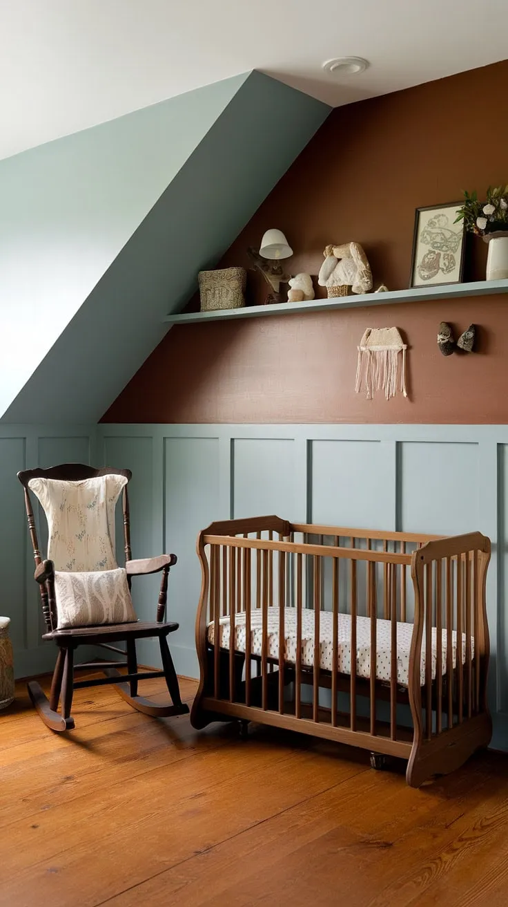 This cozy craftsman nursery, bathed in a soft nursery paint color, showcases the beauty of oak nursery design.  The slanted wall nursery ideas are brilliantly executed with built-in shelving and a stunning brown nursery accent wall, complementing the vintage nursery cradle and rocking chair.  The light blue nursery wainscoting adds a touch of whimsical charm to this oak nursery's vintage appeal.
