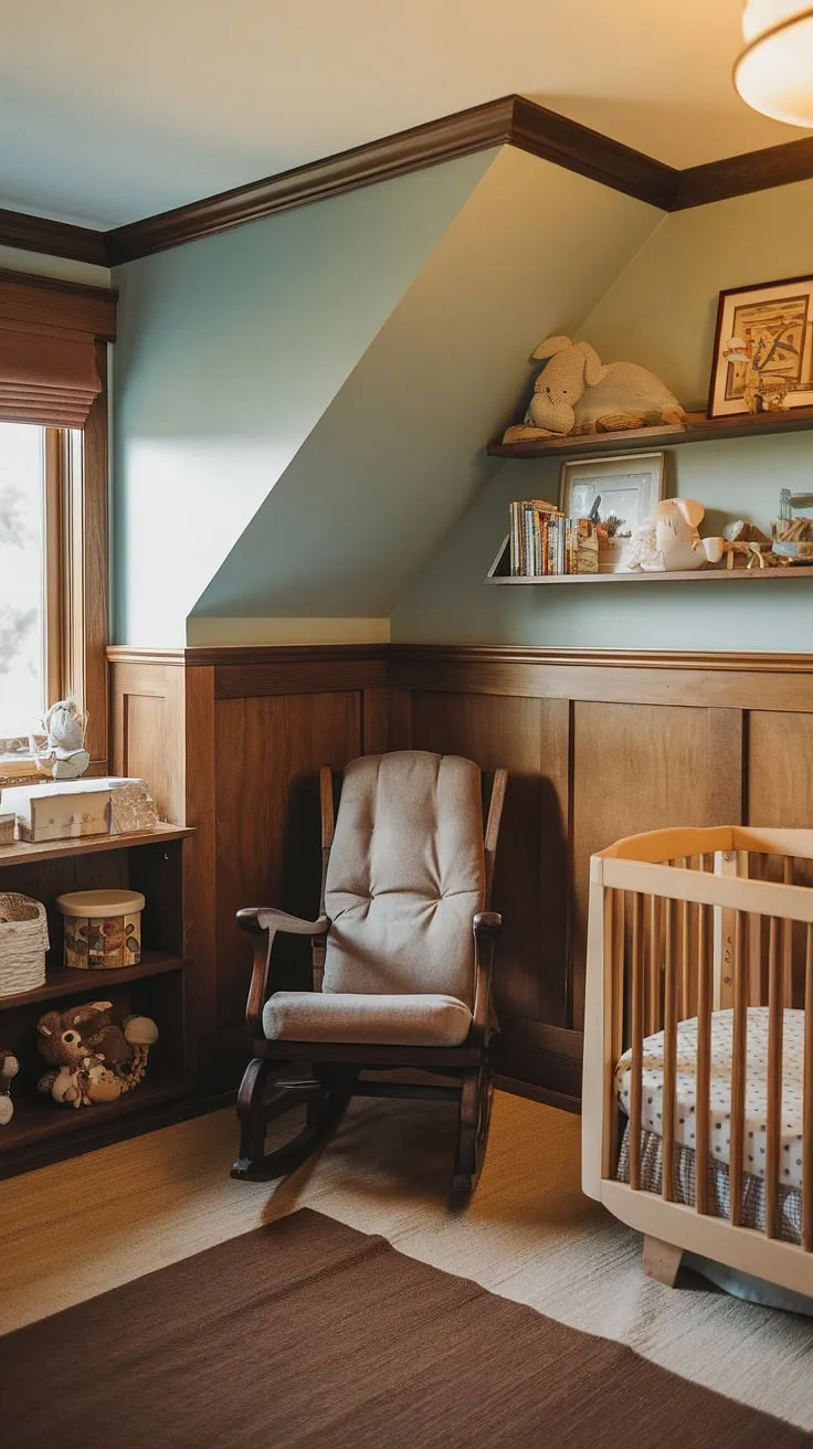 A dream come true: this cozy nursery boasts a unique slanted wall, showcasing clever slanted wall nursery ideas.  The oak nursery features rich wainscoting and a calming light blue nursery paint color on the accent wall, creating a sophisticated yet playful craftsman nursery.  Brown nursery accents and vintage touches complete this charming and inviting space.