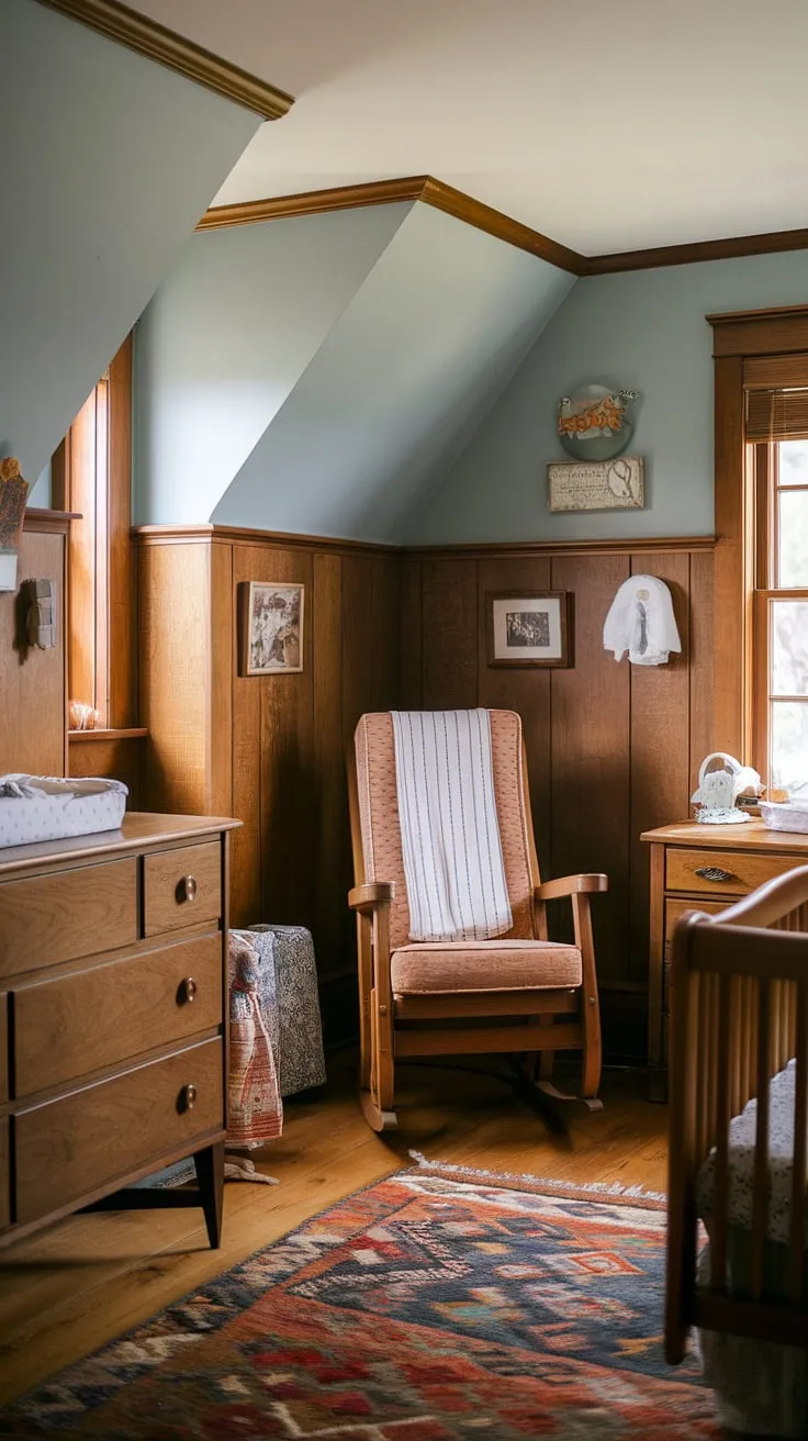 A cozy nursery dreamscape unfolds in this craftsman-style haven.  The oak nursery features rich brown nursery accent walls that beautifully contrast with the light blue nursery paint color.  Note the charming nursery wainscoting and the unique slanted wall nursery ideas, all contributing to the vintage nursery's irresistible appeal.