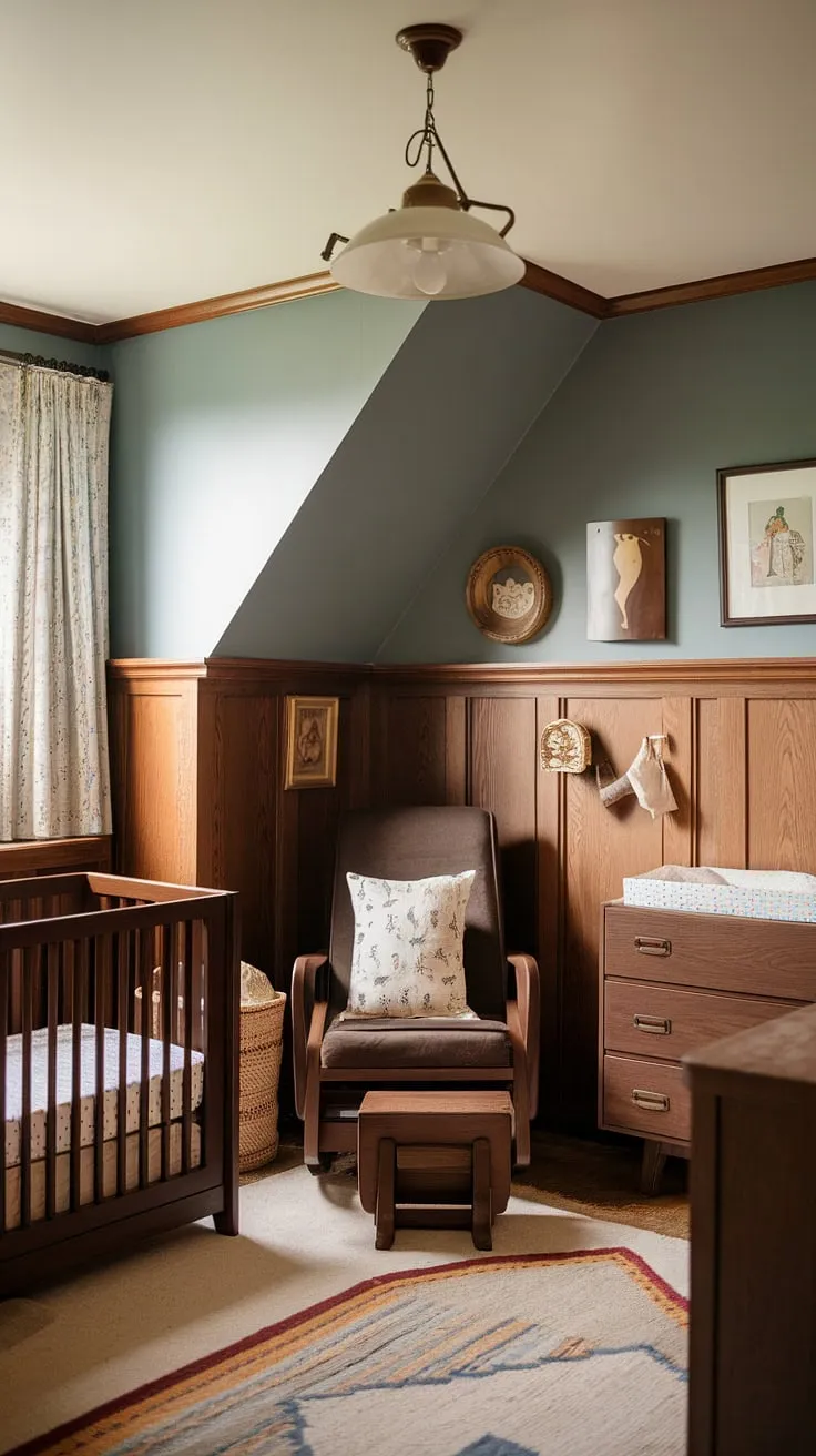 This oak nursery is the epitome of cozy.  The craftsman nursery design, featuring rich brown furniture and a stunning blue-grey nursery paint color on the accent wall, is perfectly complemented by the charming nursery wainscoting and unique slanted wall.  A vintage touch throughout makes this brown nursery a truly special space.