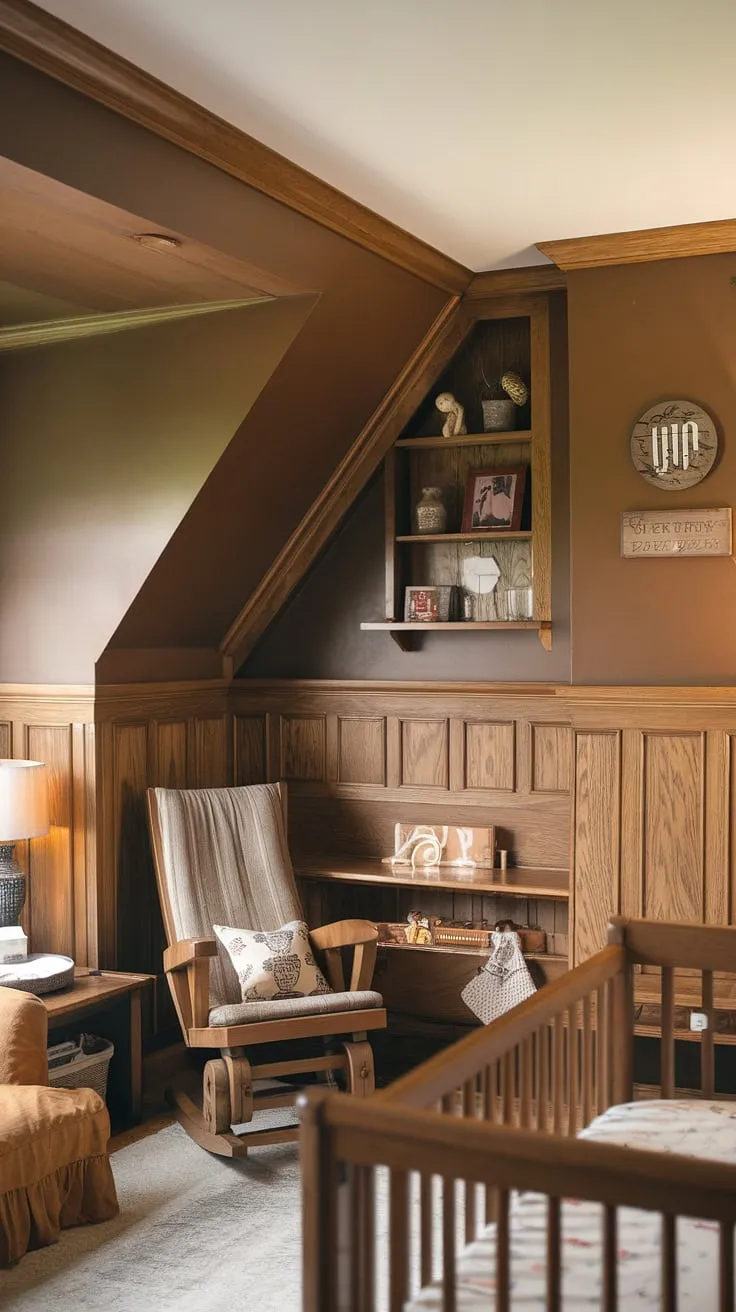 Warmth and character define this cozy nursery.  The oak nursery's craftsman style is highlighted by the slanted wall nursery ideas, complete with wainscoting and built-in shelving. The brown nursery accent wall and carefully chosen vintage nursery decor create a truly inviting atmosphere.  A perfect example of how to incorporate a nursery paint color to enhance a unique space.