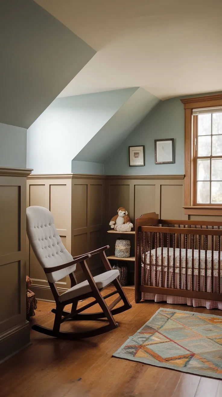 A cozy nursery dreamscape unfolds:  oak floors meet craftsman details, a light blue accent wall pops against the wainscoting, and a slanted wall nursery adds unexpected charm. This brown nursery, with its vintage crib and rocker, is the epitome of a warm and inviting space.
