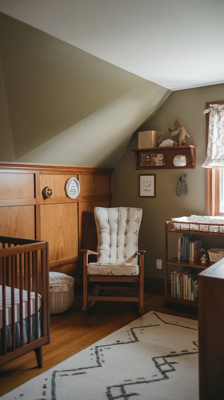 This cozy nursery, bathed in a muted nursery paint color, showcases the charm of a slanted wall nursery.  The oak nursery wainscoting, a beautiful craftsman nursery accent wall, adds warmth and character to this vintage nursery.  The brown nursery tones perfectly complement the vintage rocking chair and hardwood floors, creating a space both stylish and serene.