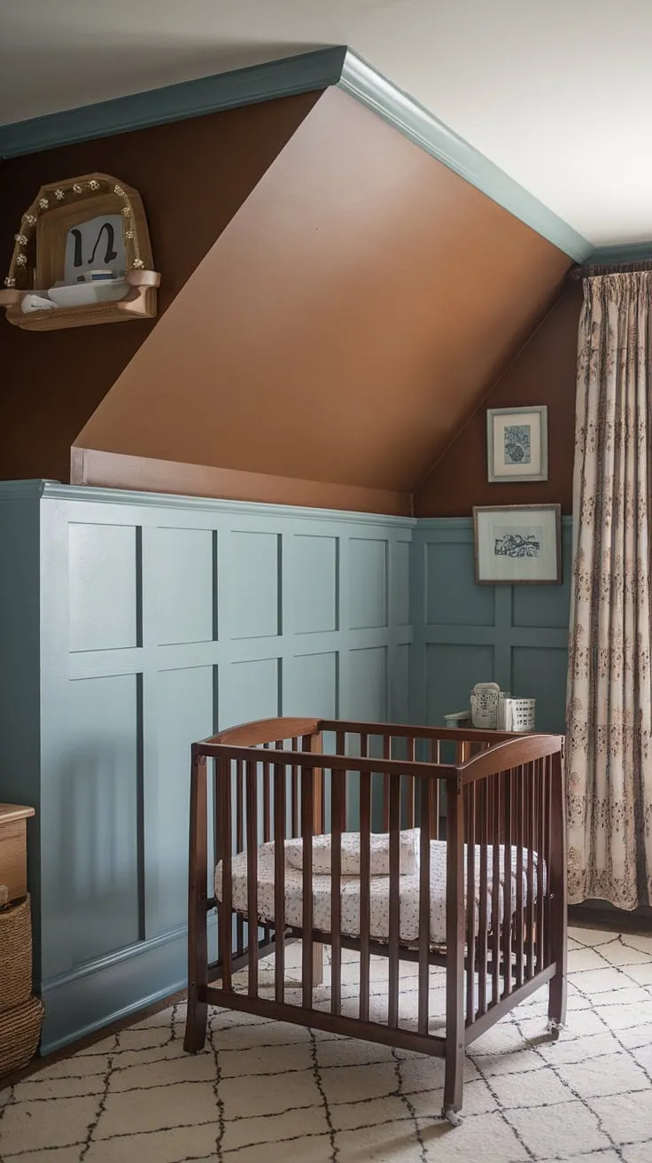 A dreamlike craftsman nursery with a slanted wall, offering inspiration for slanted wall nursery ideas.  The combination of brown nursery hues, oak detailing, and subtle blue nursery paint color makes this space truly unique.  The wainscoting adds a touch of elegance to this cozy nursery and vintage cradle completes the look.