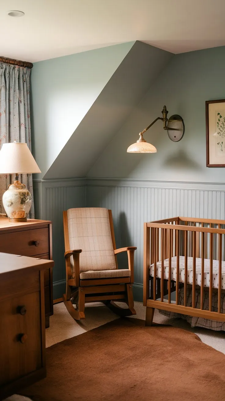 This cozy nursery, with its light blue accent wall and charming wainscoting, perfectly blends vintage style and modern comfort.  The slanted wall adds unique character, showcasing the oak crib and rocking chair within a craftsman-style haven.  Brown accents and a vintage lamp complete the warm, inviting atmosphere.