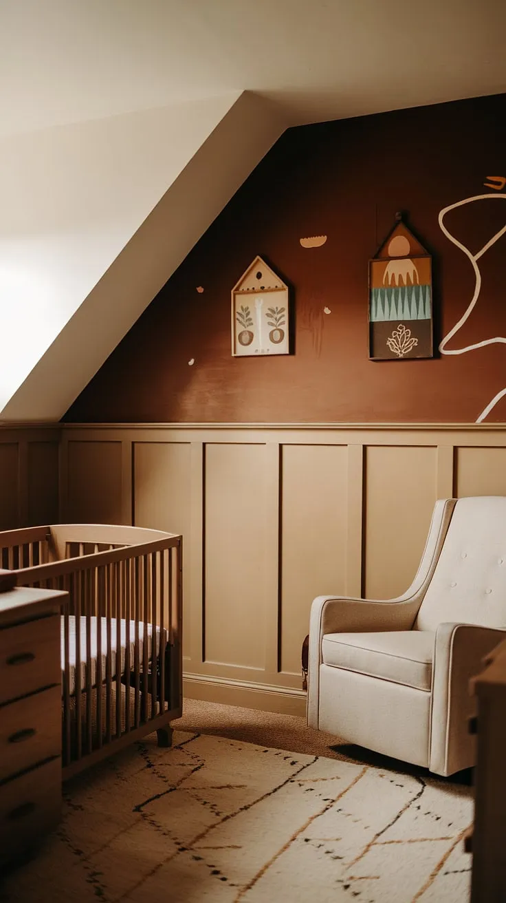 Warmth and charm fill this cozy nursery, where a rich oak accent wall and vintage craftsman wainscoting create a timeless backdrop.  The beige and white nursery paint color complements the slanted wall, offering unique design solutions for a brown nursery with a touch of vintage appeal.  This craftsman nursery is the perfect blend of comfort and style.