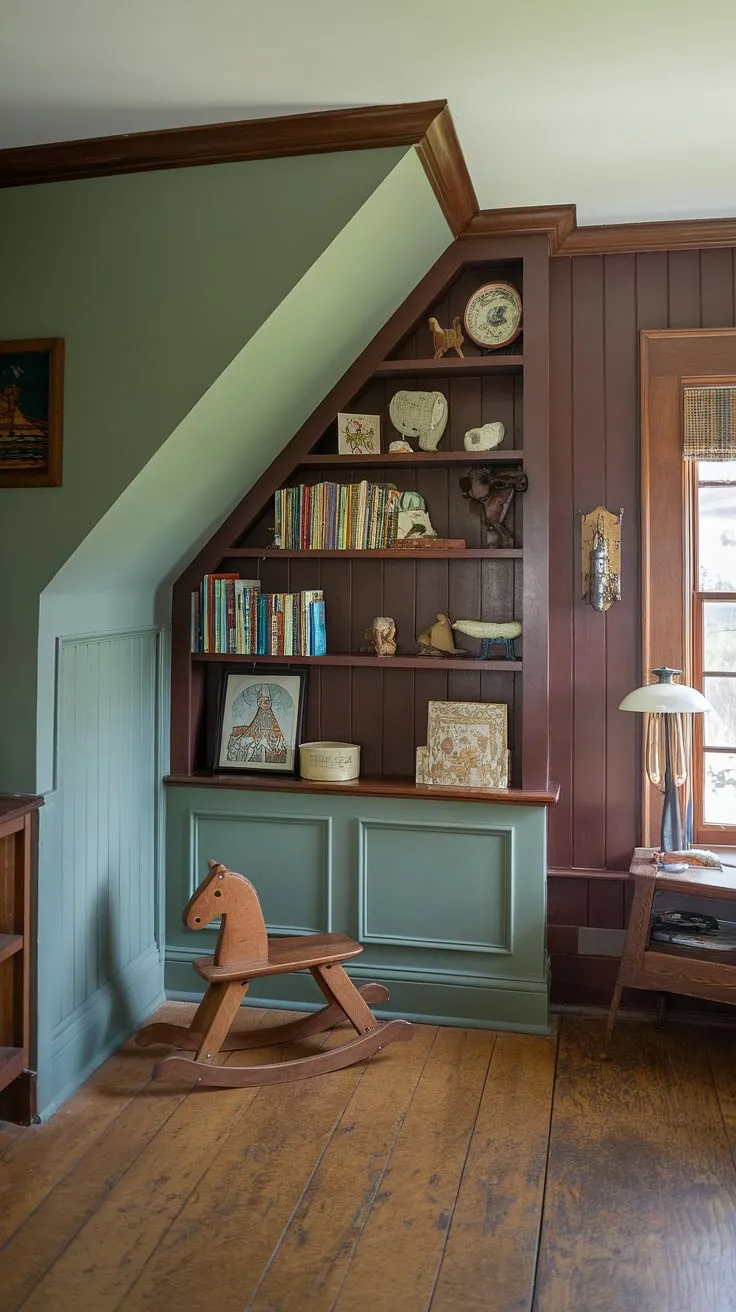 This vintage nursery, a charming blend of craftsman style and cozy comfort, showcases the beauty of a slanted wall nursery.  The muted green nursery paint color complements the rich brown accent wall nursery, crafted from oak paneling.  Note the delightful details:  nursery wainscoting, a wooden rocking horse, and the oak nursery flooring.