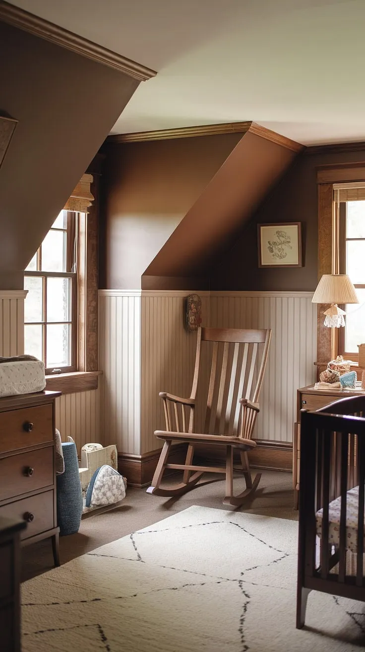This vintage nursery, with its warm brown nursery paint color and charming wainscoting, perfectly captures cozy nursery vibes.  The slanted wall nursery ideas are brilliantly executed, creating a unique and inviting space.  Oak accents and a craftsman nursery rocking chair add to the room's timeless appeal.