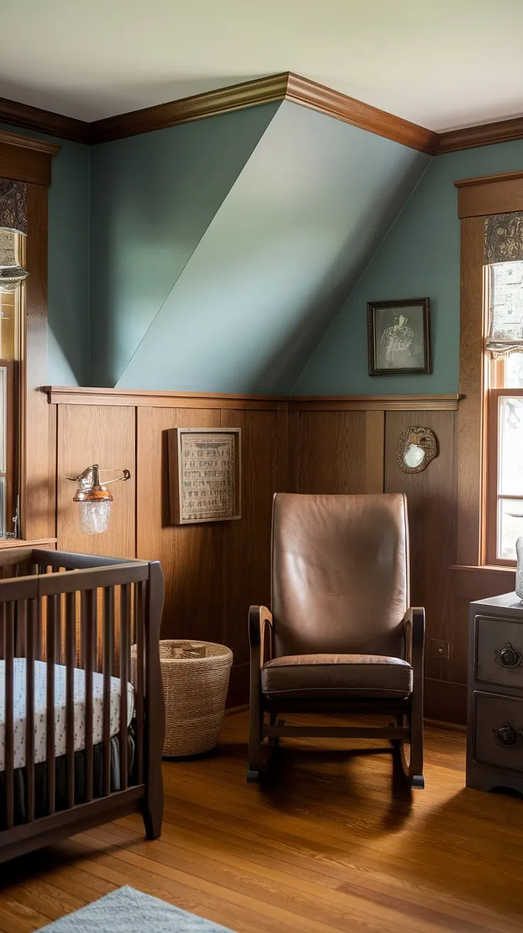 This vintage nursery, with its oak wainscoting and soft blue accent wall, is the epitome of cozy charm.  The slanted wall adds unique character to this craftsman-style space, perfectly complemented by the brown rocking chair and vintage details.  A dream come true for parents seeking a warm and inviting oak nursery.