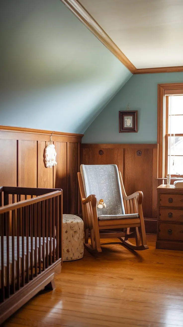 This cozy craftsman nursery, featuring oak wainscoting and a soft blue accent wall, perfectly blends vintage charm with modern comfort.  The slanted wall adds unique character to this brown nursery, showcasing clever slanted wall nursery ideas.  A vintage crib, rocking chair, and small dresser complete the idyllic space.