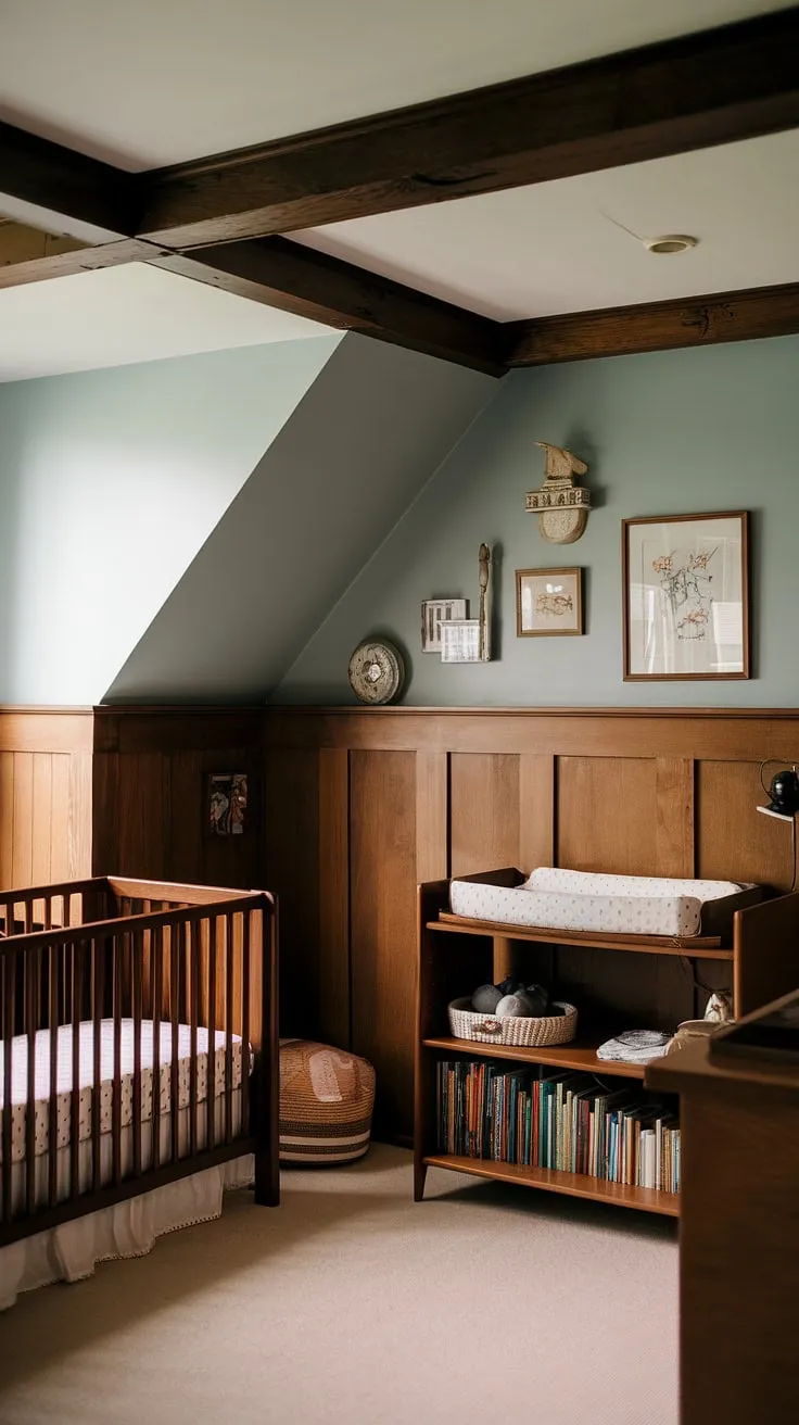 This vintage craftsman nursery, with its oak wainscoting and charming slanted wall, is the epitome of cozy.  The brown and white palette, accented by a soft blue accent wall, creates a warm and inviting space perfect for little ones.  Oak nursery furniture complements the rich wood tones, making this a truly special and unique nursery paint color choice.