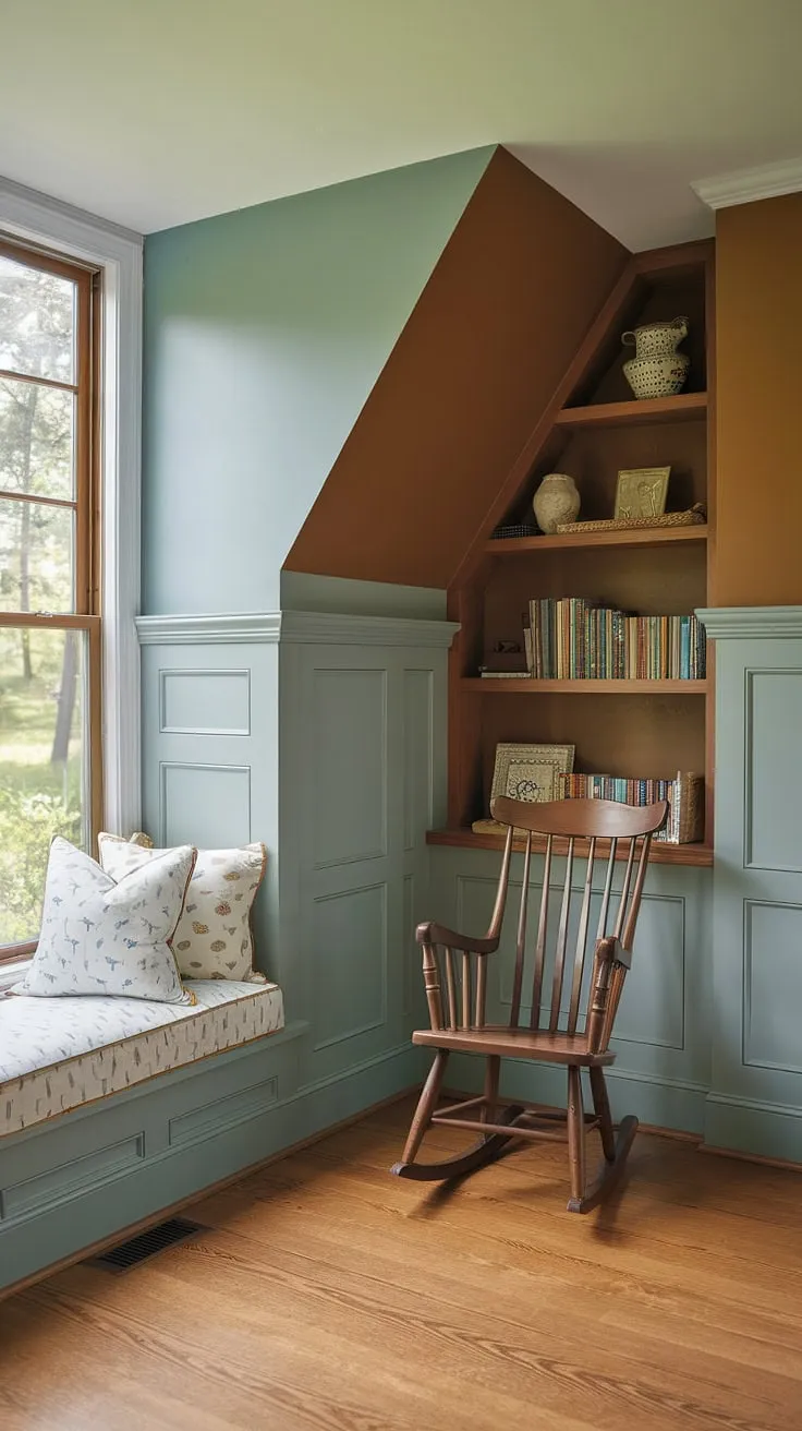 This vintage nursery, bathed in soft blue nursery paint color, boasts a charming slanted wall nursery design maximizing the view of lush greenery.  The oak nursery floor and craftsman nursery built-ins add warmth, complemented by a brown nursery accent wall and cozy rocking chair.  The nursery wainscoting completes the idyllic space.