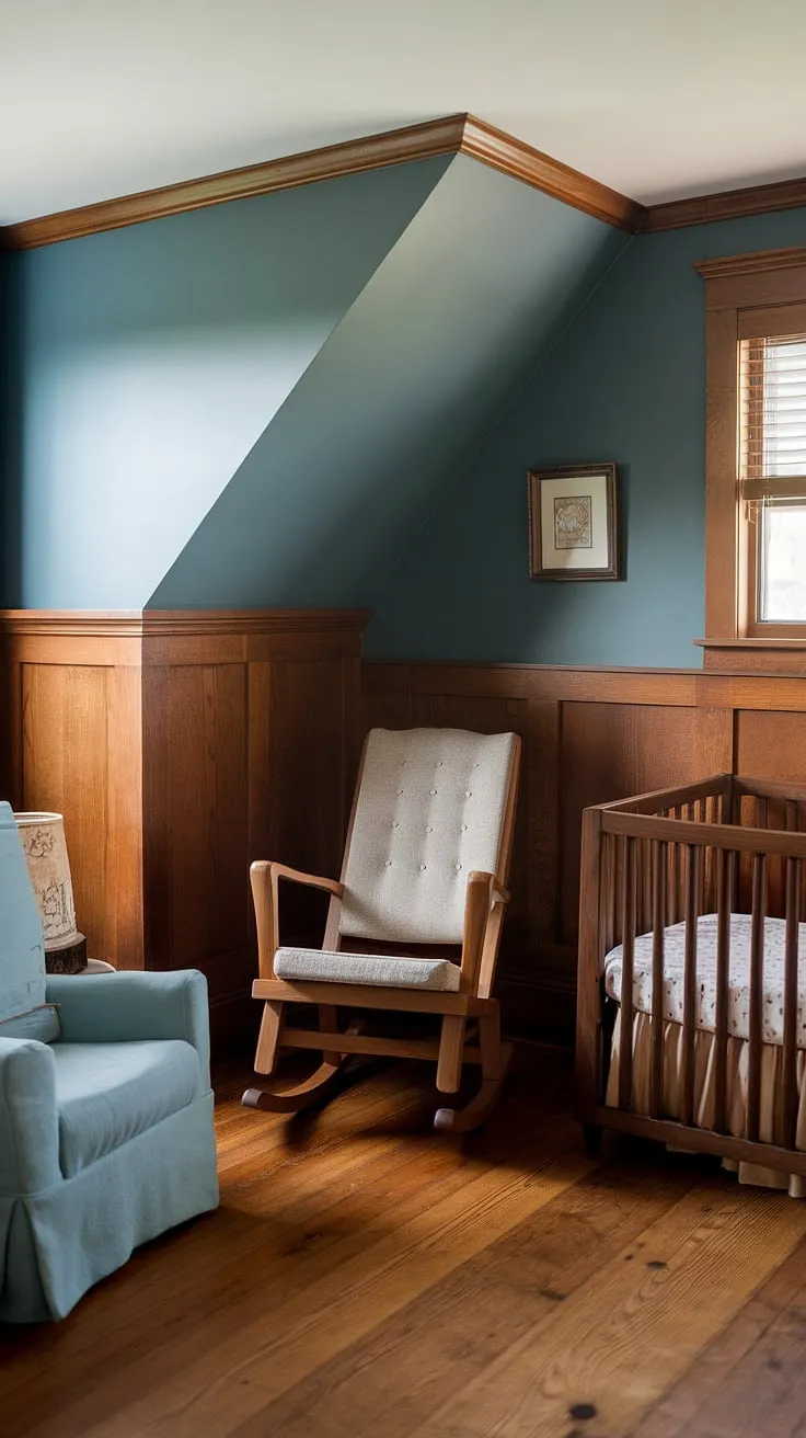 A dreamy oak nursery, showcasing the beauty of a slanted wall nursery.  The craftsman style details, including the rich brown nursery tones and oak wainscoting, create a truly cozy nursery.  The subtle nursery paint color on the accent wall completes this charming vintage nursery.