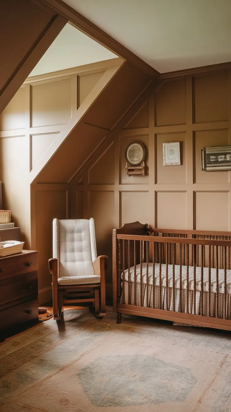 Warm beige nursery paint color perfectly complements the craftsman nursery's oak crib and vintage charm.  The slanted wall nursery ideas, featuring beautiful wainscoting, create a cozy nursery with undeniable character. This brown nursery is a testament to timeless design.