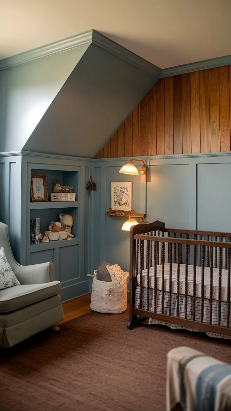 This brown nursery is the epitome of cozy.  The slanted wall nursery ideas are brilliantly executed, showcasing built-in shelves and perfectly complementing the vintage nursery aesthetic.  The craftsman nursery features beautiful oak nursery wainscoting and a stunning accent wall nursery, all painted in a calming blue-gray nursery paint color.  A perfect blend of vintage charm and modern comfort.