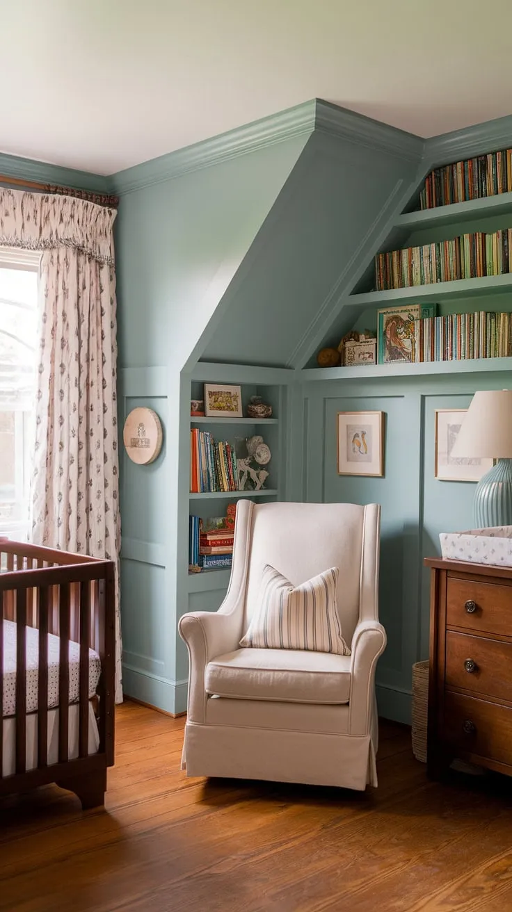This vintage nursery is a dream come true!  The slanted wall nursery ideas are brilliantly executed with a custom bookshelf, showcasing the beautiful craftsman nursery design.  The oak nursery floor adds warmth, perfectly paired with the wainscoting and soft blue nursery paint color.  Every detail, from the accent wall to the cozy rocking chair, contributes to this brown nursery's inviting atmosphere.